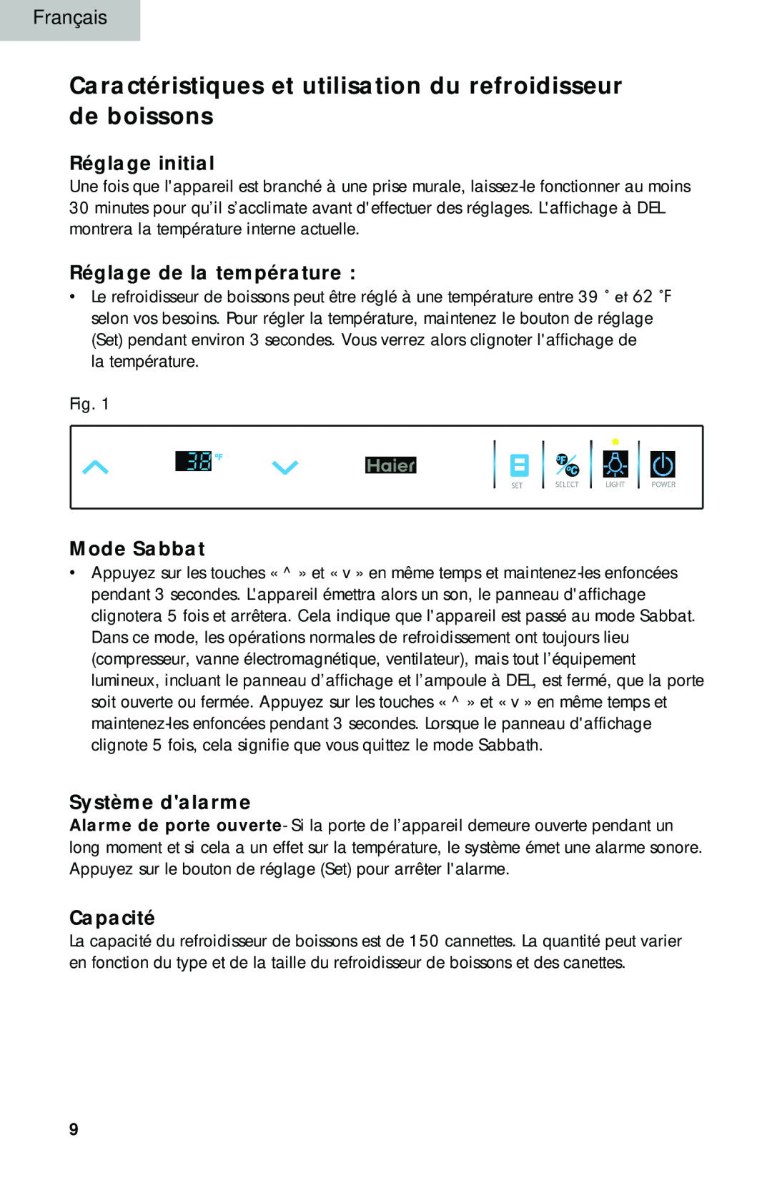 Haier BC100GS manual Réglage initial, Réglage de la température, Mode Sabbat, Système dalarme, Capacité 
