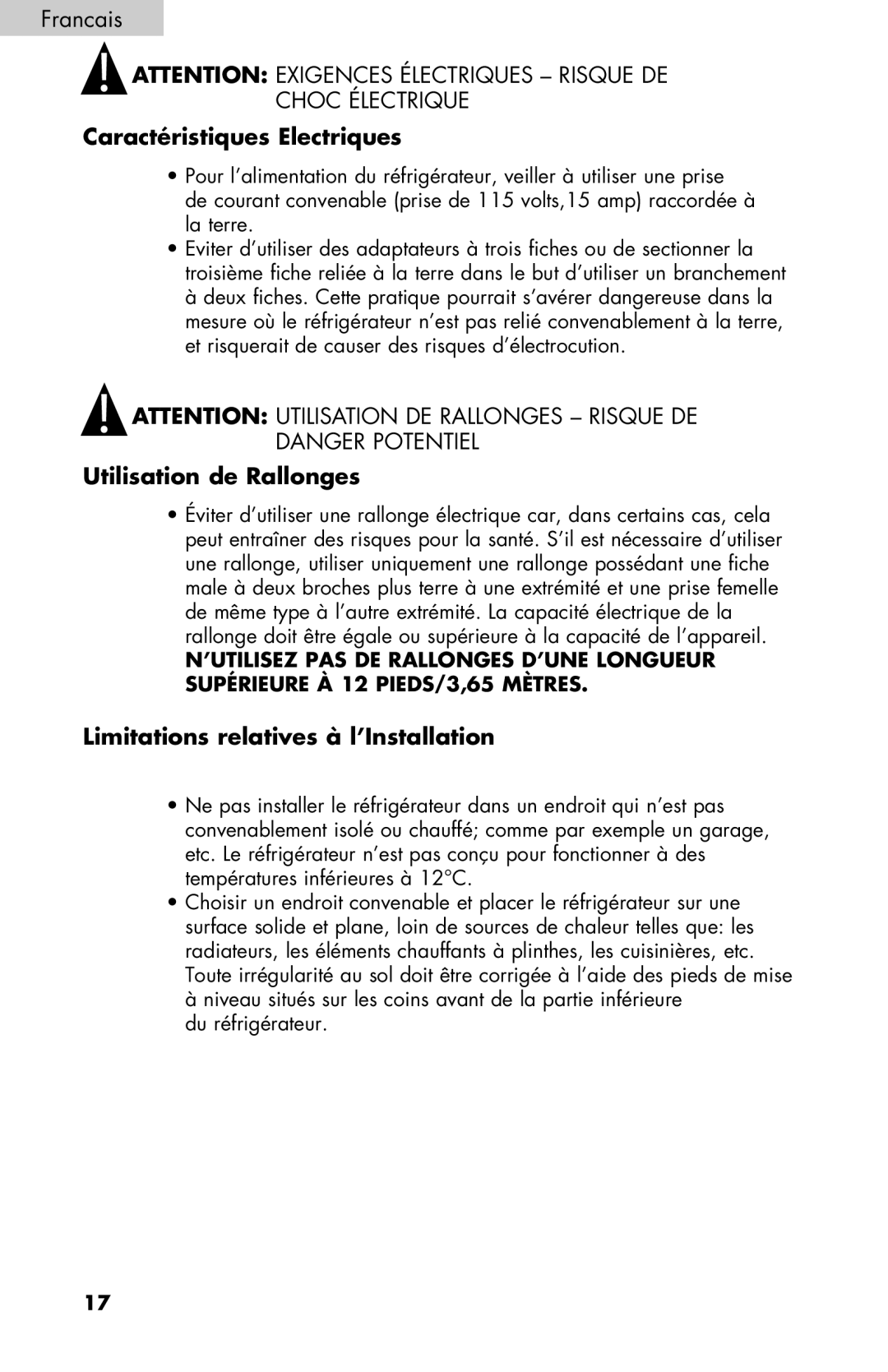 Haier BCF27B manual Caractéristiques Electriques, Utilisation de Rallonges, Limitations relatives à l’Installation 