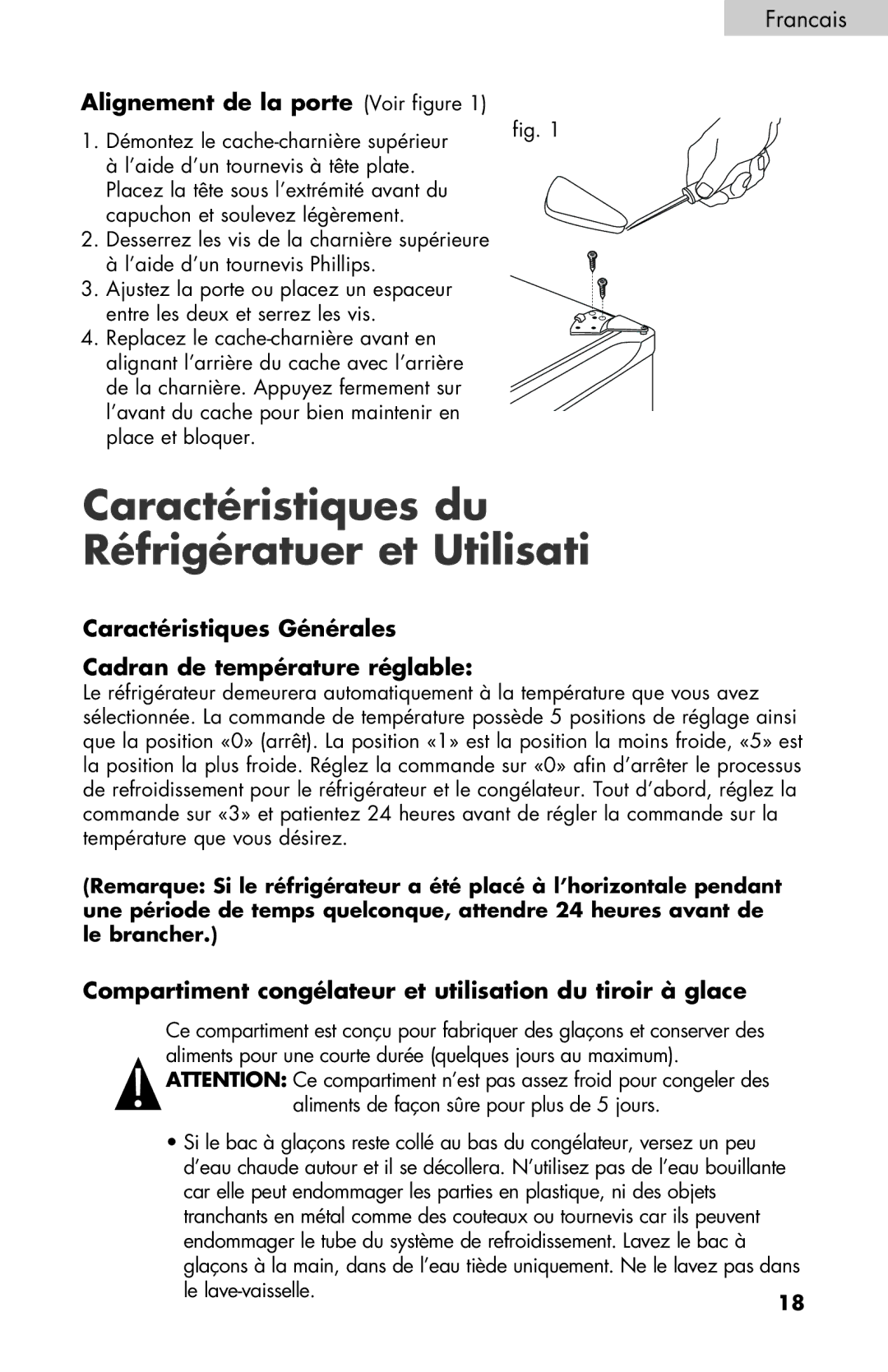 Haier BCF27B manual Caractéristiques du Réfrigératuer et Utilisati, Alignement de la porte Voir figure 