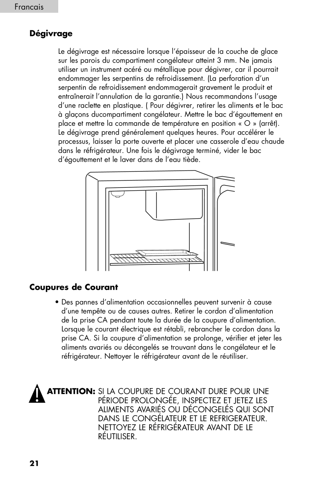 Haier BCF27B manual Dégivrage, Coupures de Courant 