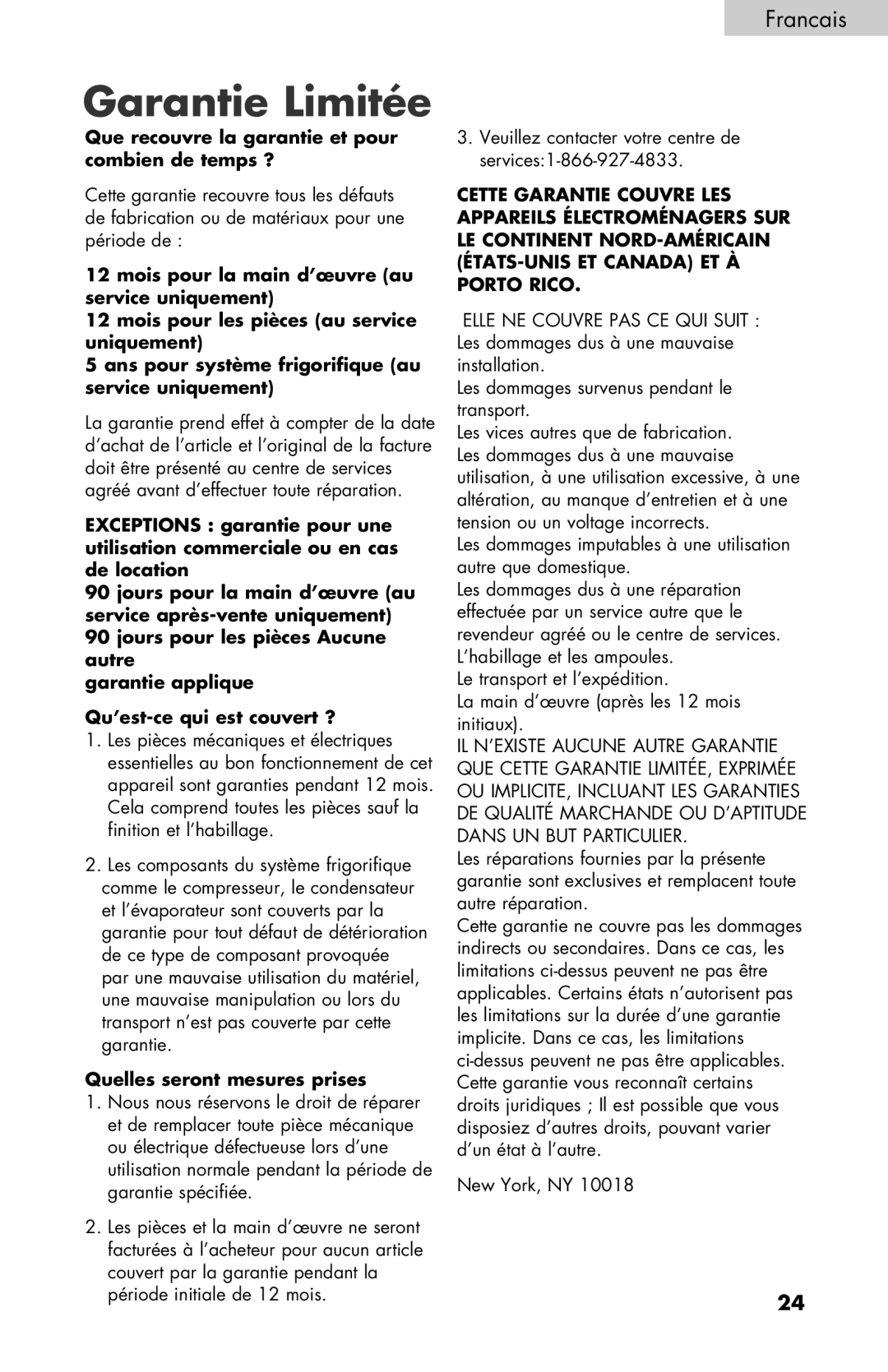 Haier BCF27B manual Garantie Limitée, Que recouvre la garantie et pour combien de temps ? 