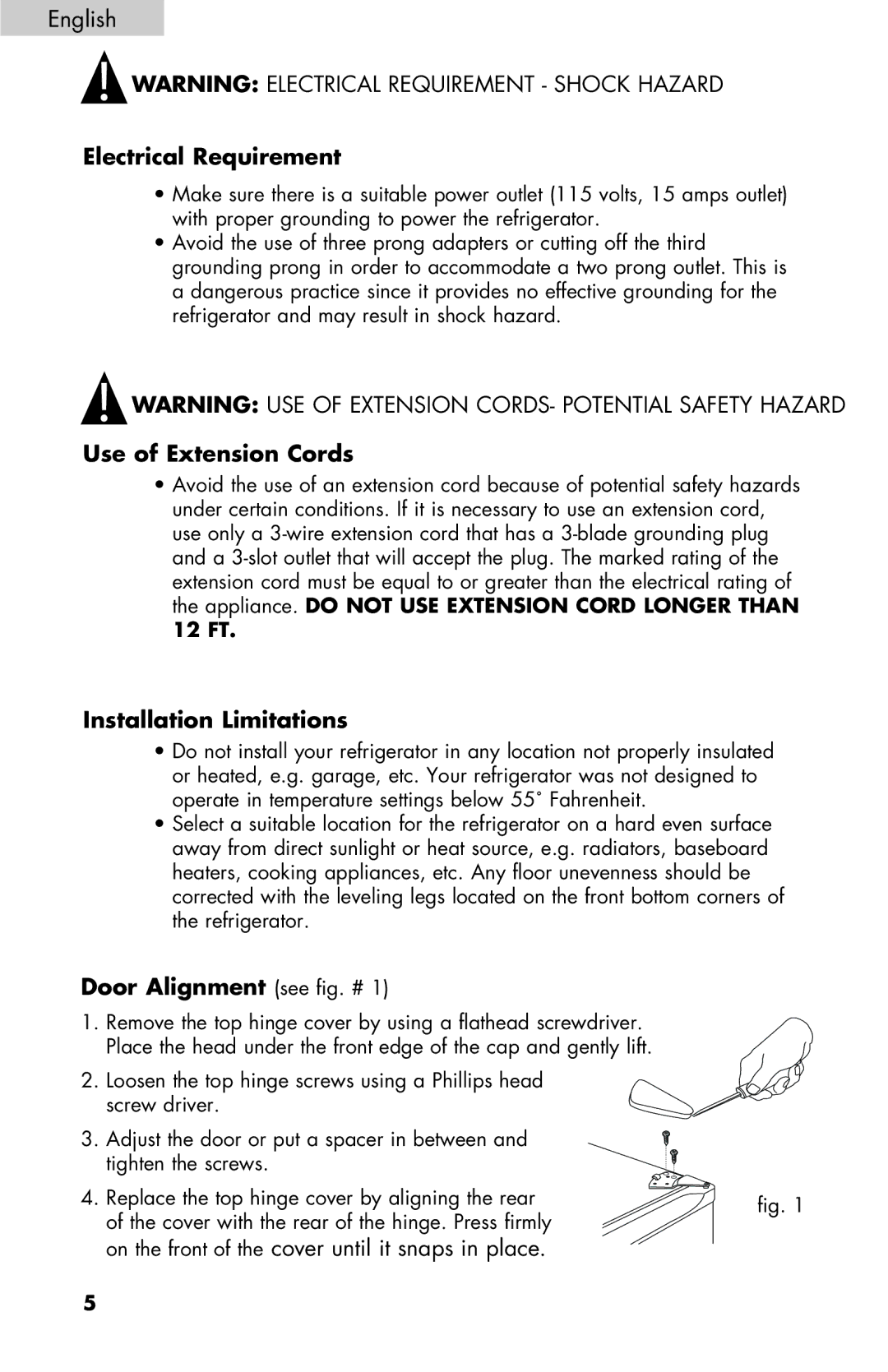 Haier BCF27B manual Electrical Requirement, Use of Extension Cords, Installation Limitations, Door Alignment see fig. # 