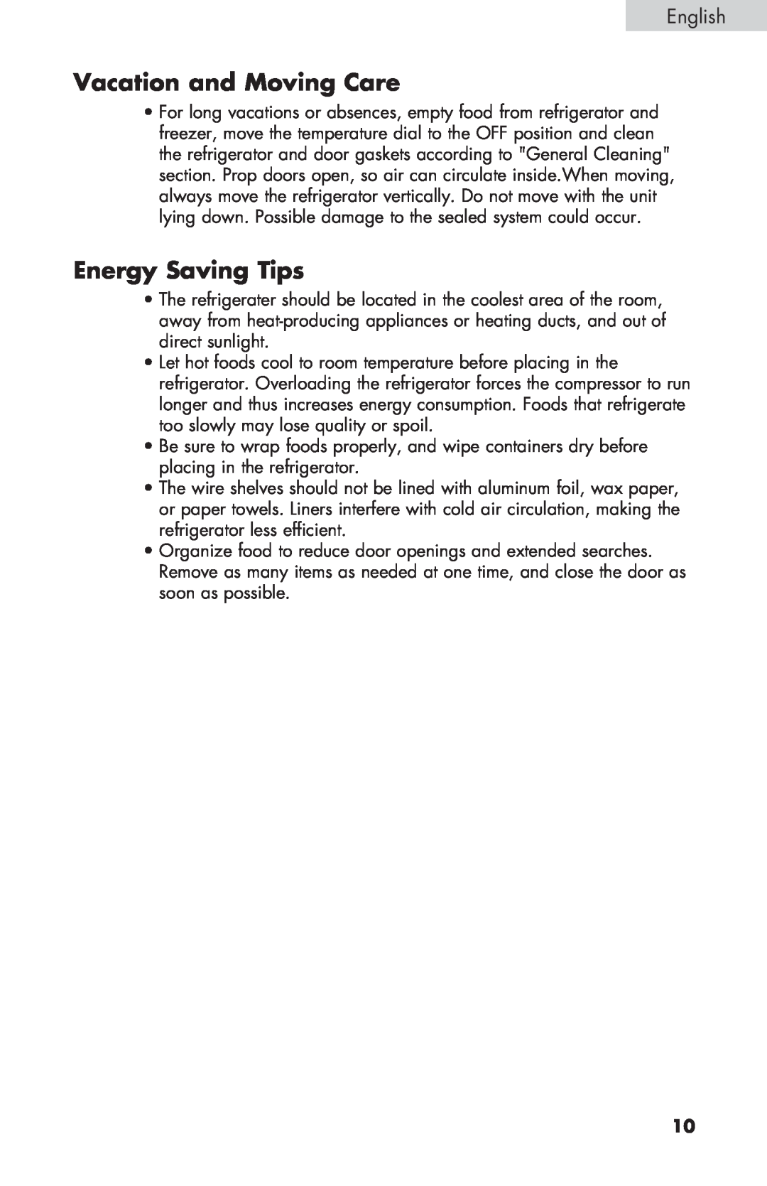Haier BCF27B manual Vacation and Moving Care, Energy Saving Tips, English 