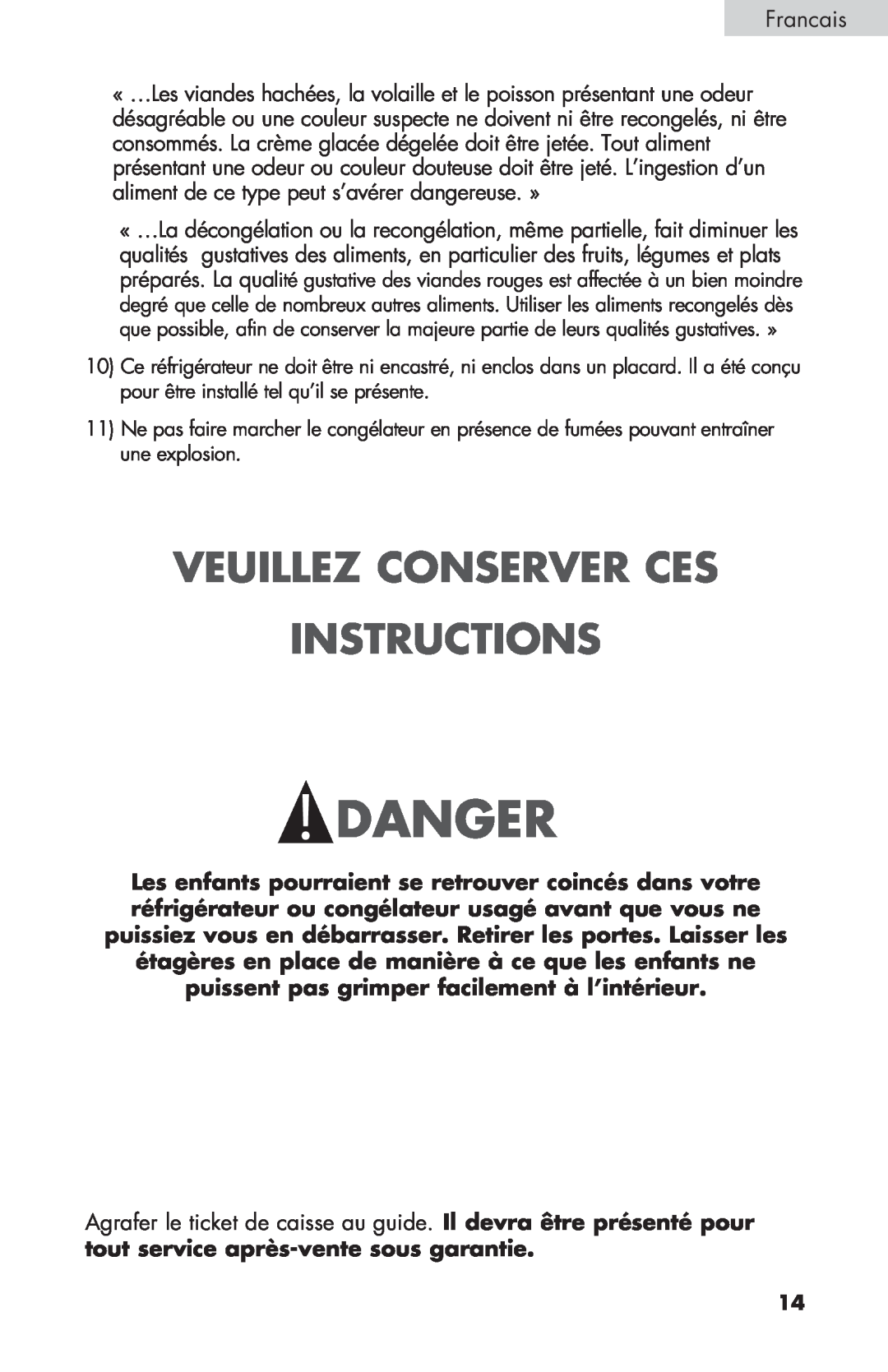 Haier BCF27B manual Veuillez Conserver Ces Instructions, Danger 