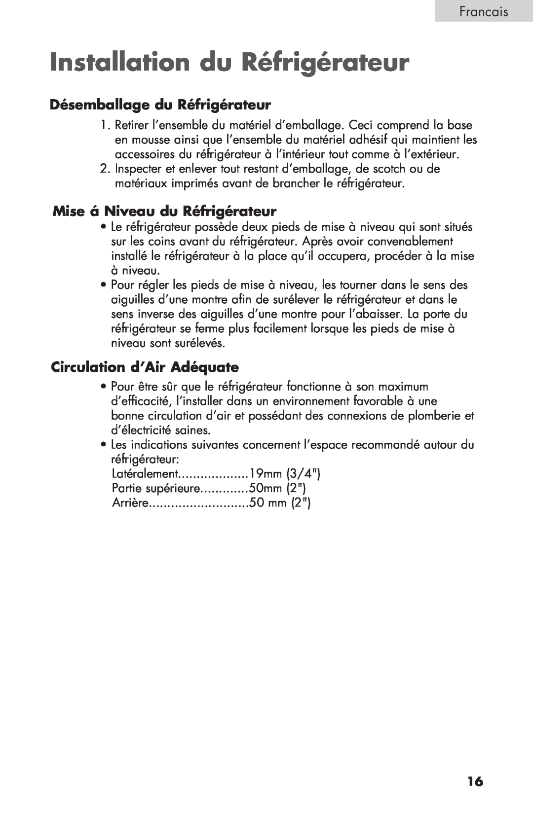 Haier BCF27B manual Installation du Réfrigérateur, Désemballage du Réfrigérateur, Mise á Niveau du Réfrigérateur, Francais 