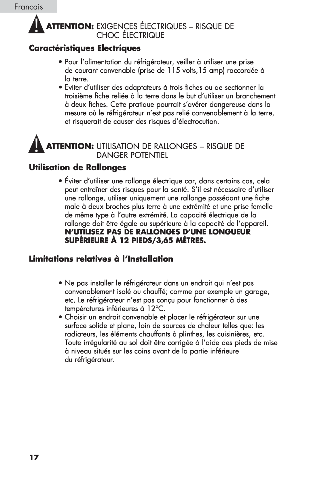 Haier BCF27B manual Francais ATTENTION EXIGENCES ÉLECTRIQUES - RISQUE DE CHOC ÉLECTRIQUE, Caractéristiques Electriques 