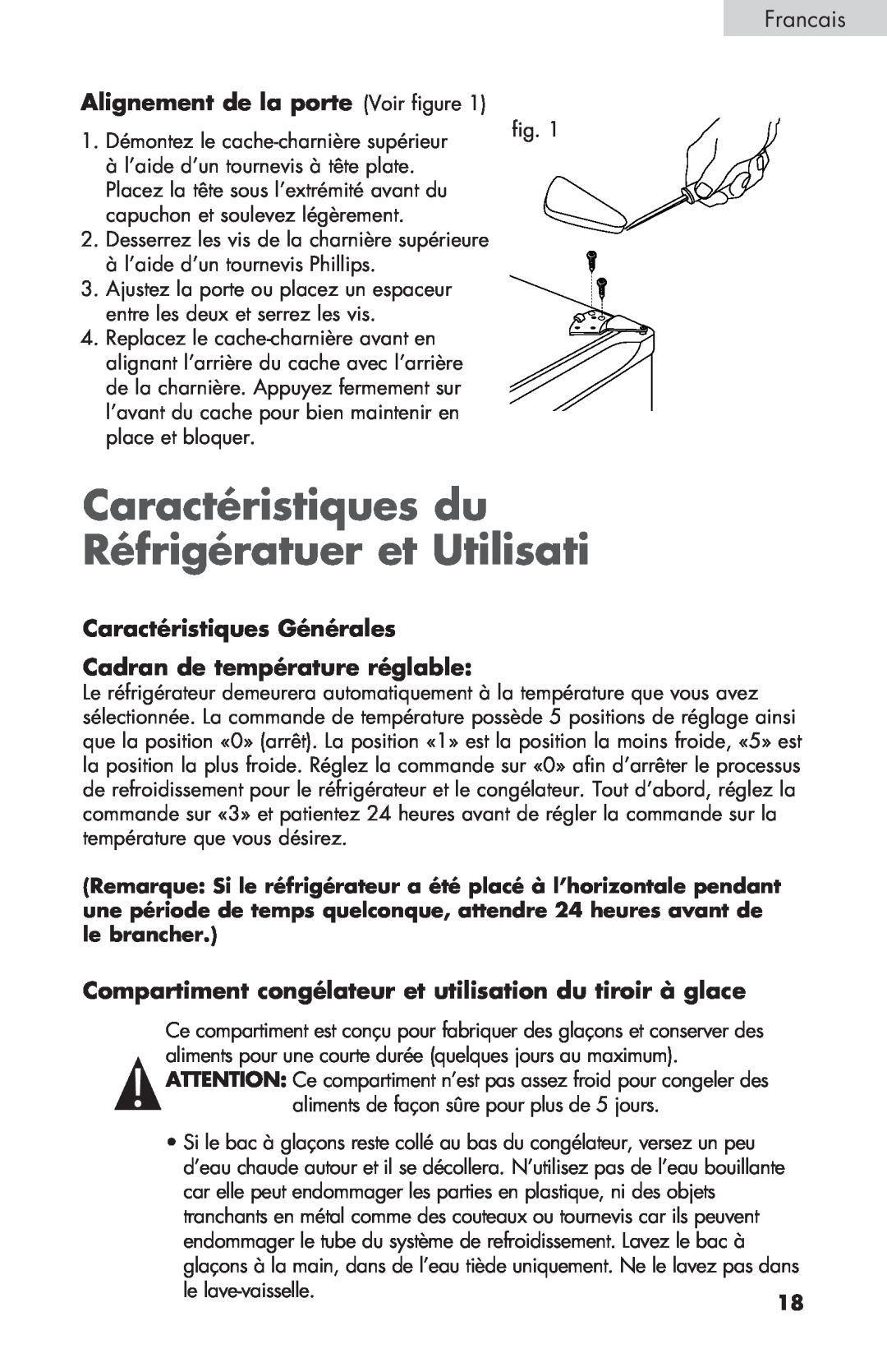 Haier BCF27B manual Caractéristiques du Réfrigératuer et Utilisati, Alignement de la porte Voir figure, Francais 