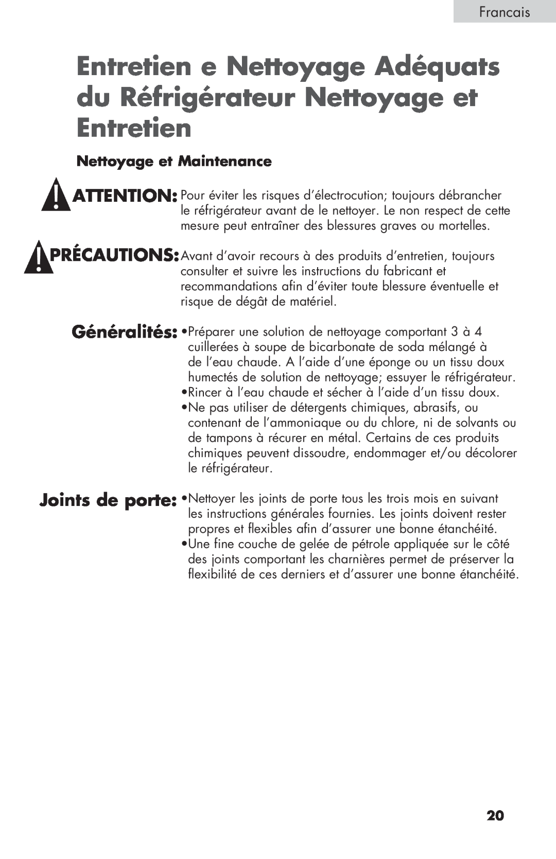 Haier BCF27B manual Nettoyage et Maintenance, Francais 