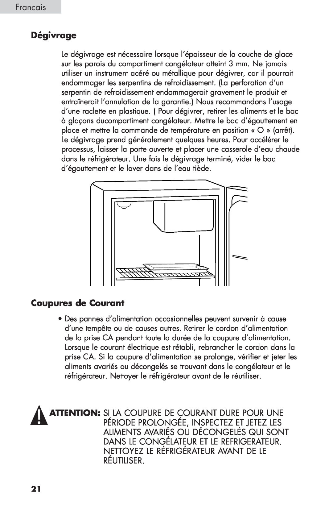 Haier BCF27B manual Dégivrage, Coupures de Courant, Francais 