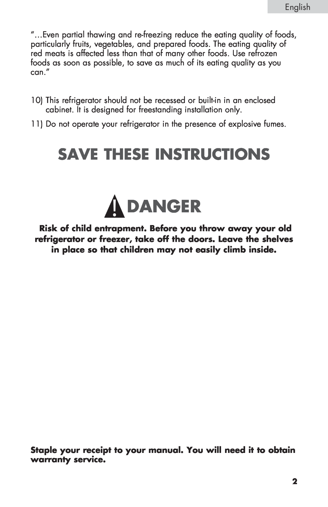 Haier BCF27B manual Save These Instructions, Danger 