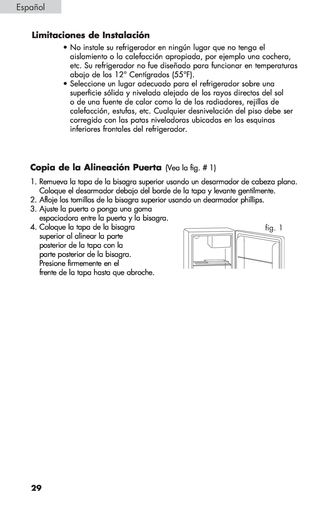 Haier BCF27B manual Limitaciones de Instalación, Copia de la Alineación Puerta Vea la fig. #, Español 
