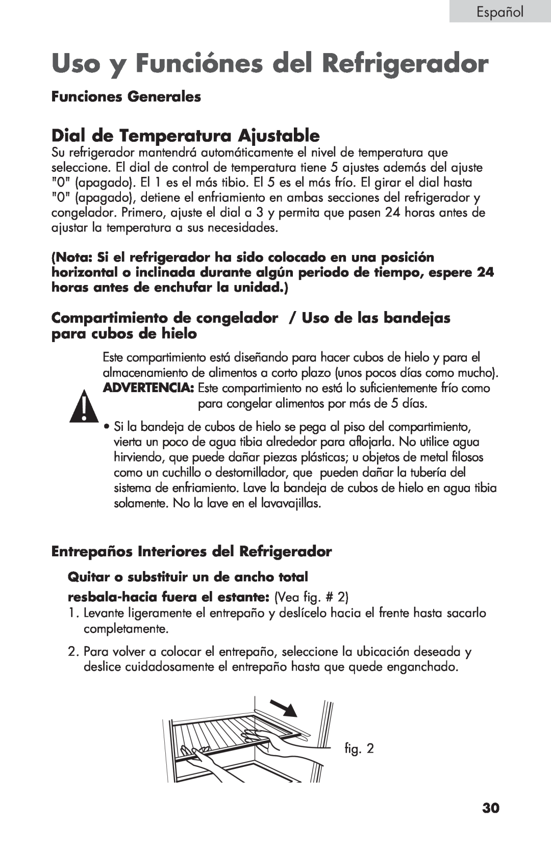 Haier BCF27B manual Uso y Funciónes del Refrigerador, Dial de Temperatura Ajustable, Funciones Generales, Español 