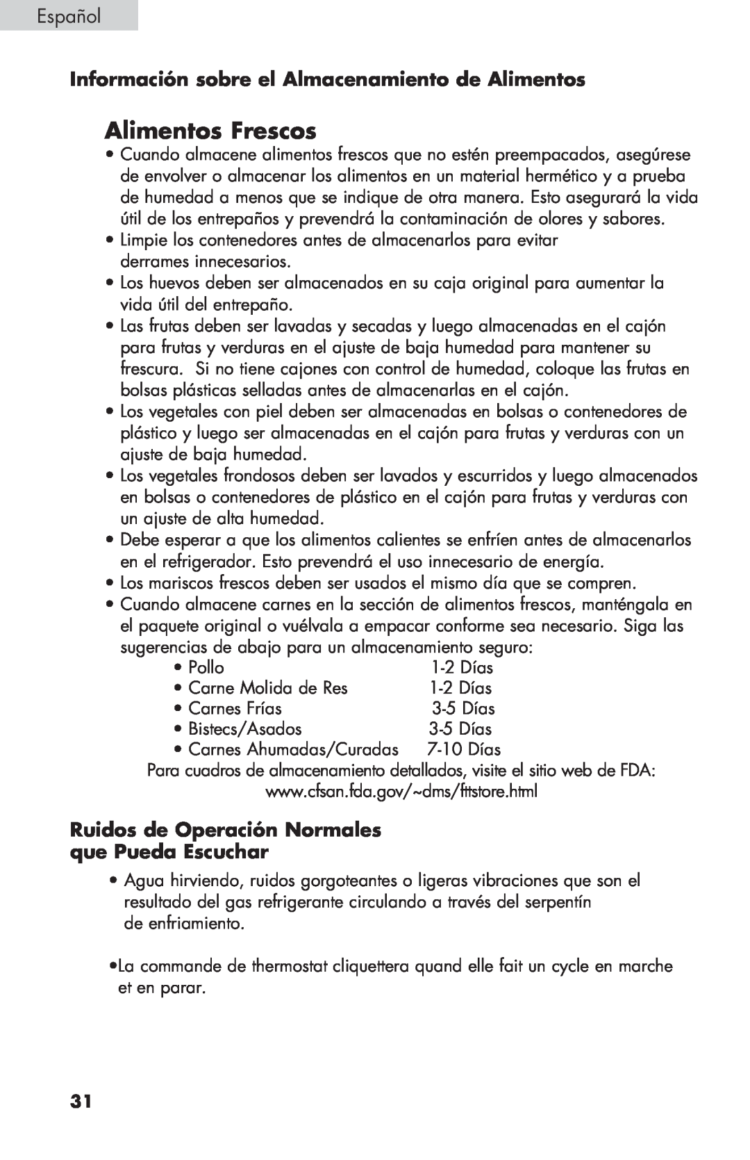 Haier BCF27B manual Alimentos Frescos, Información sobre el Almacenamiento de Alimentos, Español 