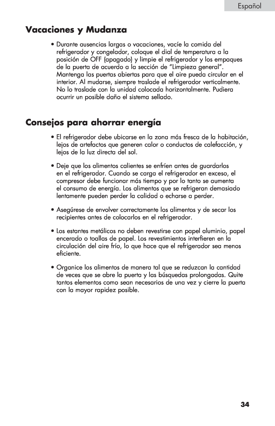 Haier BCF27B manual Vacaciones y Mudanza, Consejos para ahorrar energía, Español 