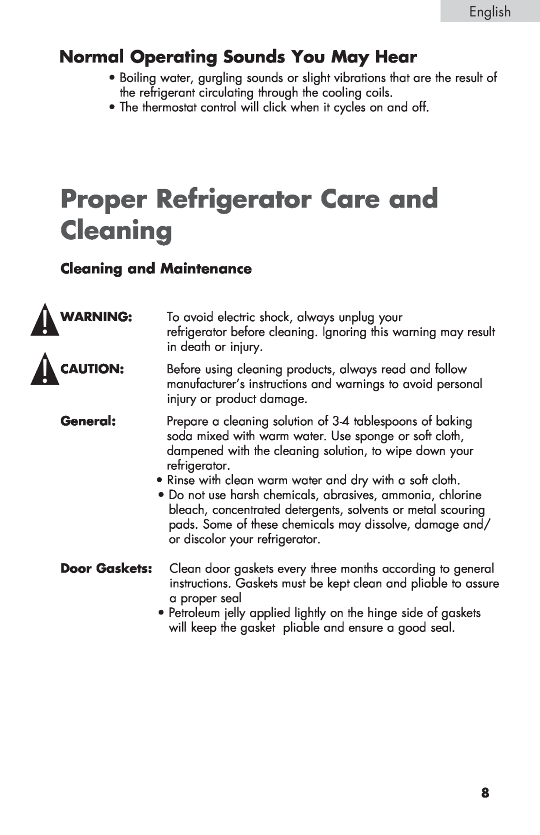 Haier BCF27B manual Proper Refrigerator Care and Cleaning, Normal Operating Sounds You May Hear, Cleaning and Maintenance 