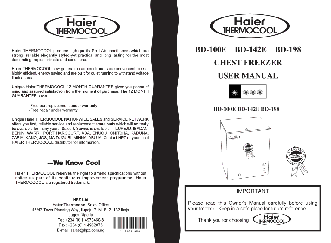 Haier BD-100E, BD-142E, BD-198 user manual Chest Freezer 