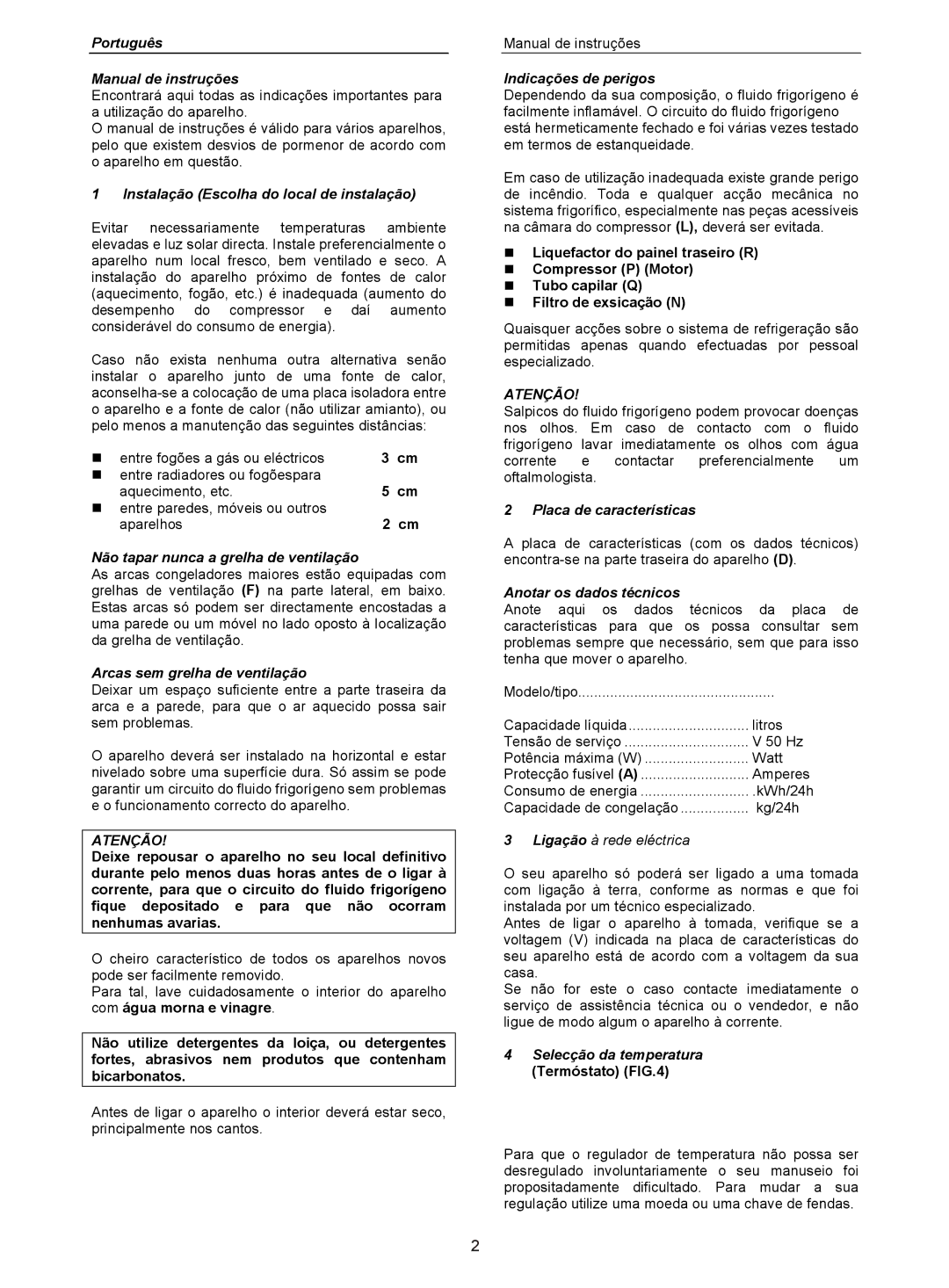 Haier BD-280G Português Manual de instruções, Instalação Escolha do local de instalação, Arcas sem grelha de ventilação 