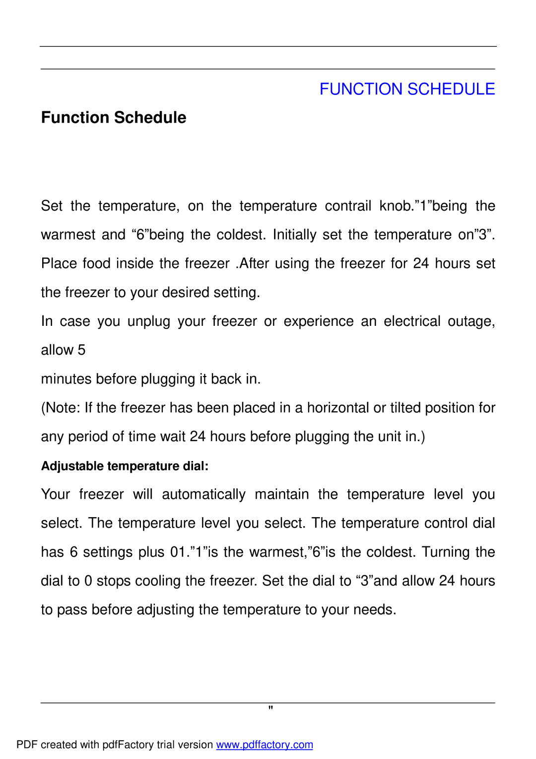 Haier BD-478A service manual Function Schedule, Adjustable temperature dial 