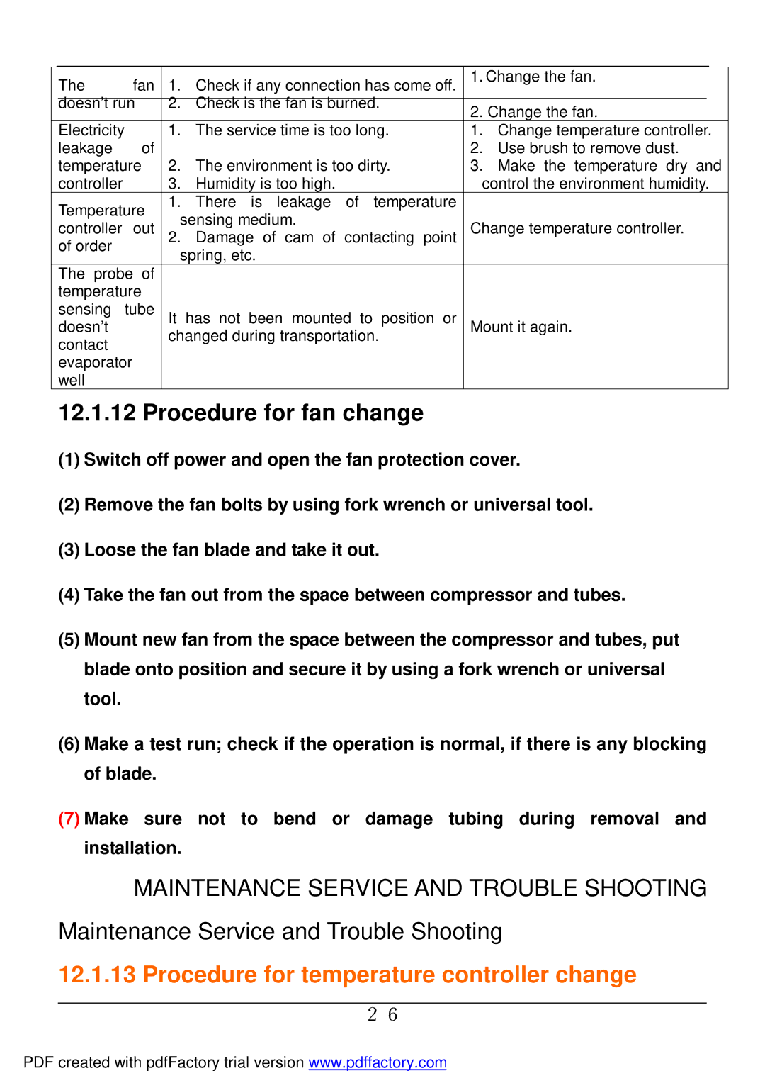 Haier BD-478A service manual Procedure for fan change, Procedure for temperature controller change 