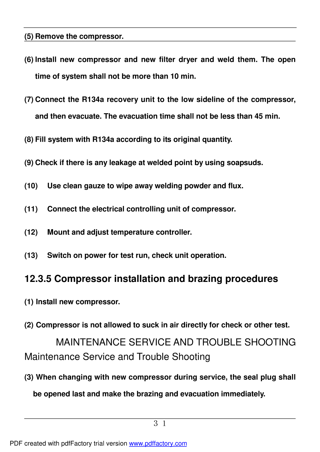 Haier BD-478A service manual Compressor installation and brazing procedures 