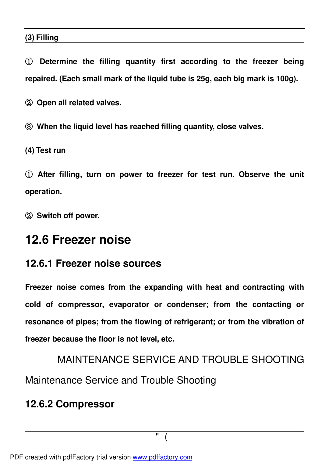 Haier BD-478A service manual Freezer noise sources, Compressor, Filling 