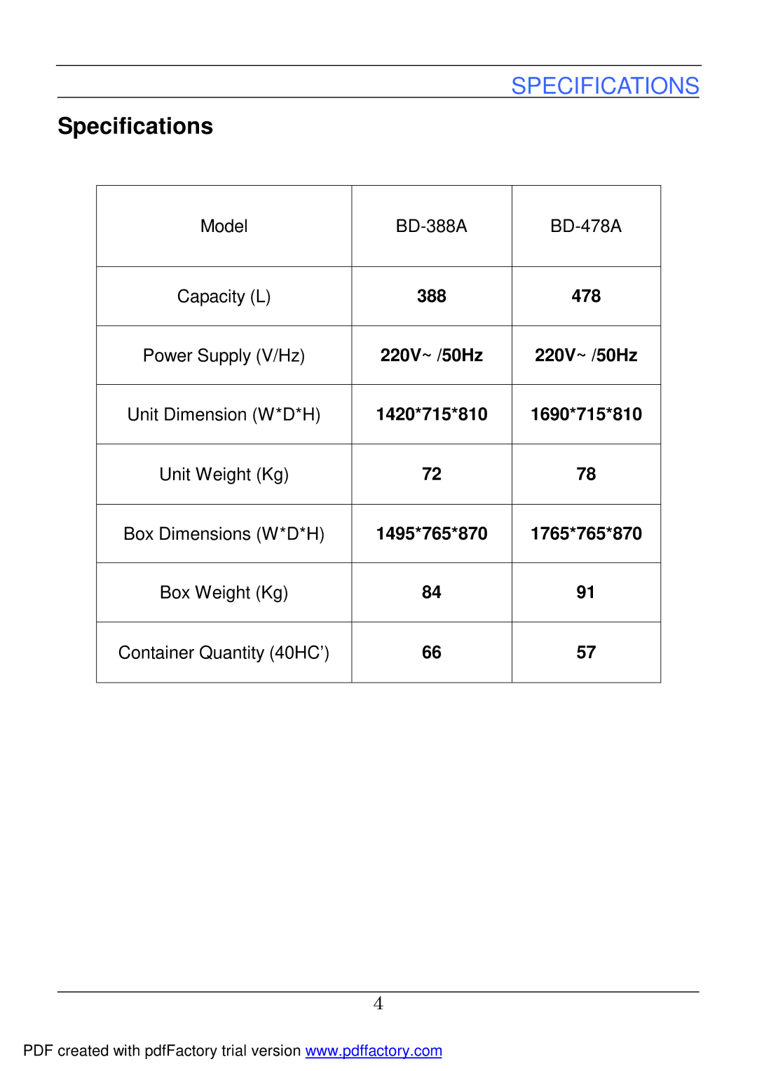 Haier service manual Specifications, BD-388A BD-478A 