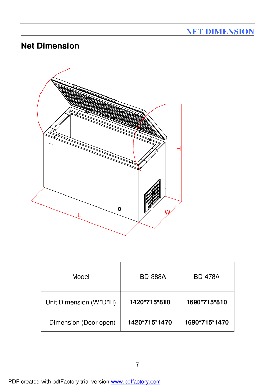 Haier BD-478A service manual Net Dimension, 1420*715*810 1690*715*810, 1420*715*1470 1690*715*1470 