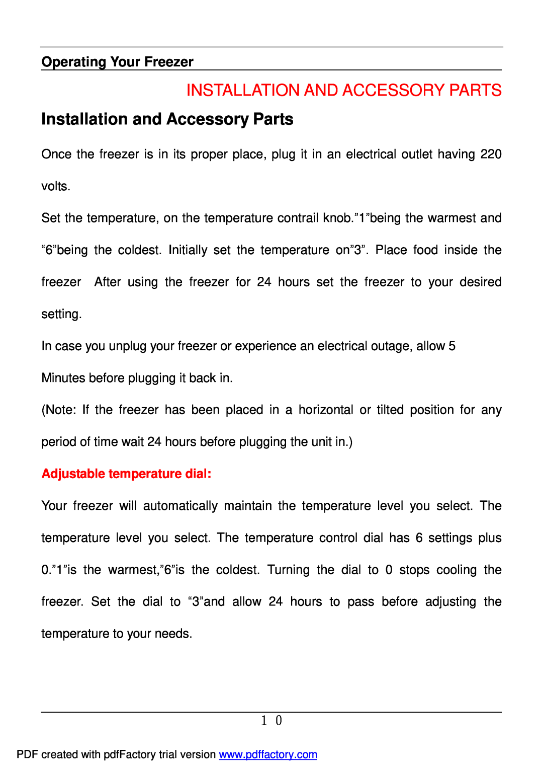 Haier BD-478A service manual Installation And Accessory Parts, Installation and Accessory Parts, Operating Your Freezer 