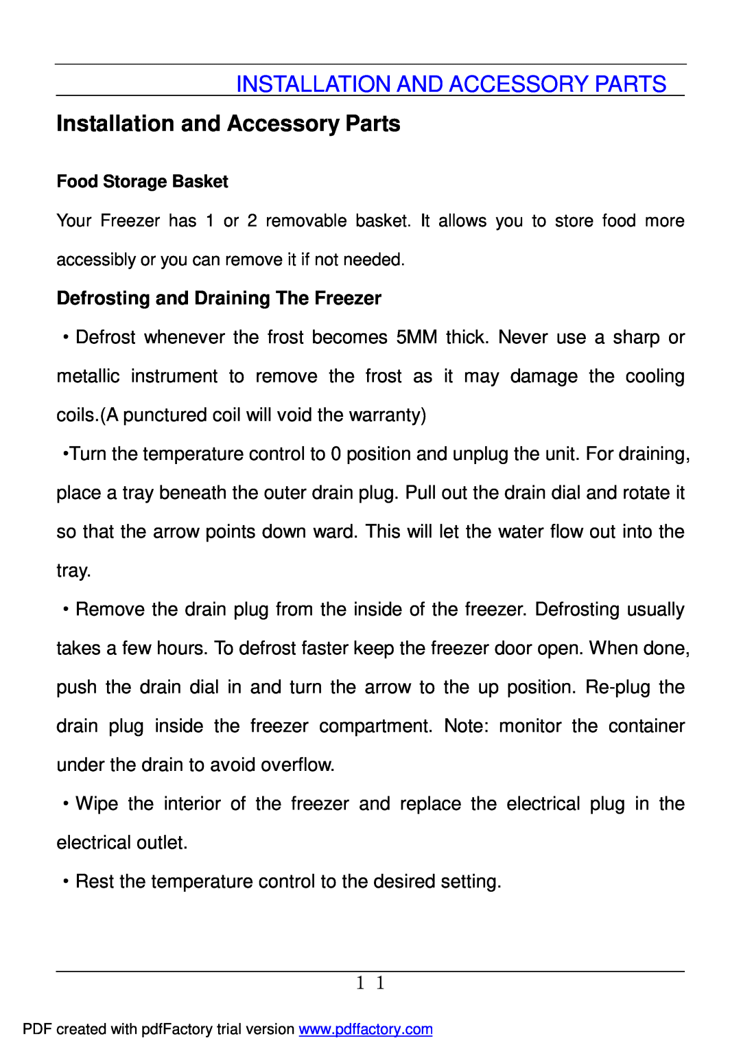 Haier BD-478A Installation And Accessory Parts, Installation and Accessory Parts, Defrosting and Draining The Freezer 
