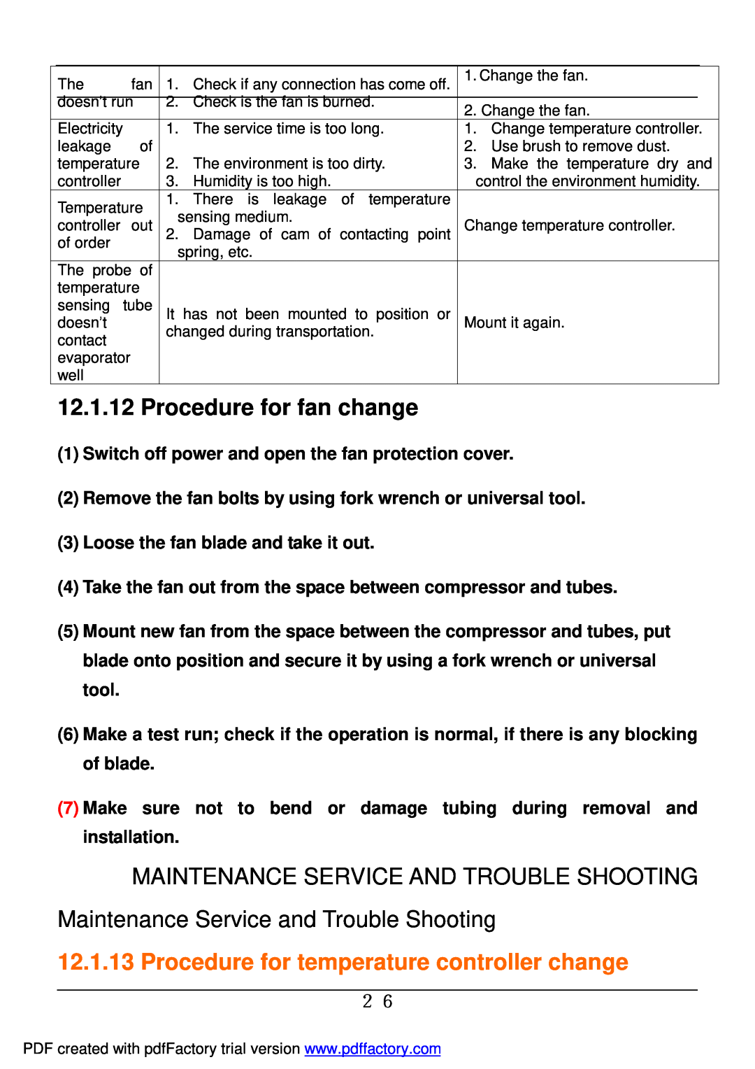 Haier BD-478A Procedure for fan change, Maintenance Service And Trouble Shooting, Maintenance Service and Trouble Shooting 