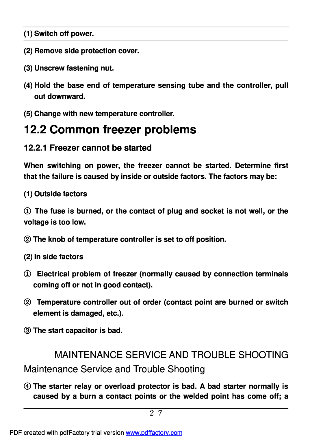 Haier BD-478A service manual Common freezer problems, Freezer cannot be started 