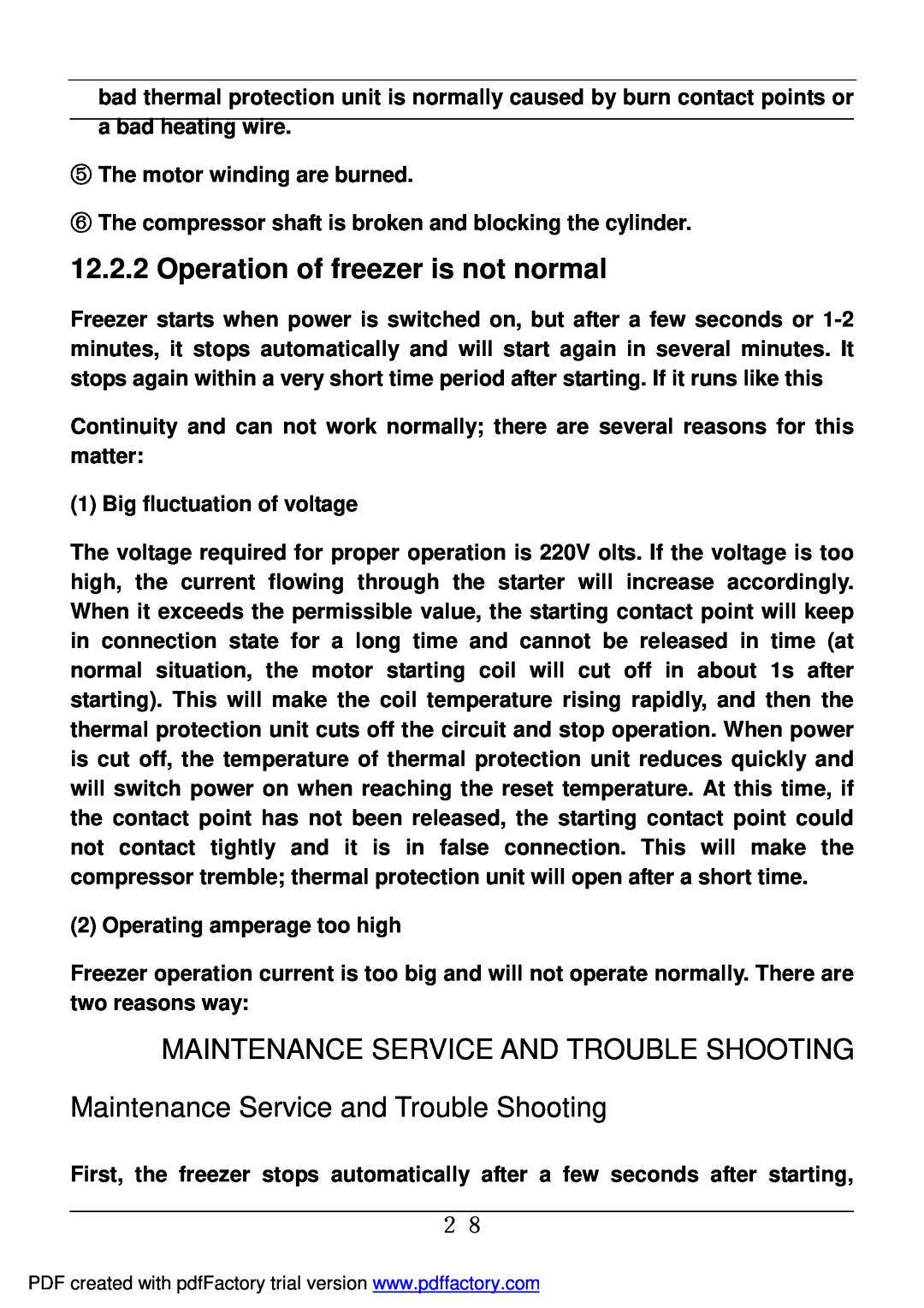Haier BD-478A service manual Operation of freezer is not normal, Maintenance Service And Trouble Shooting 