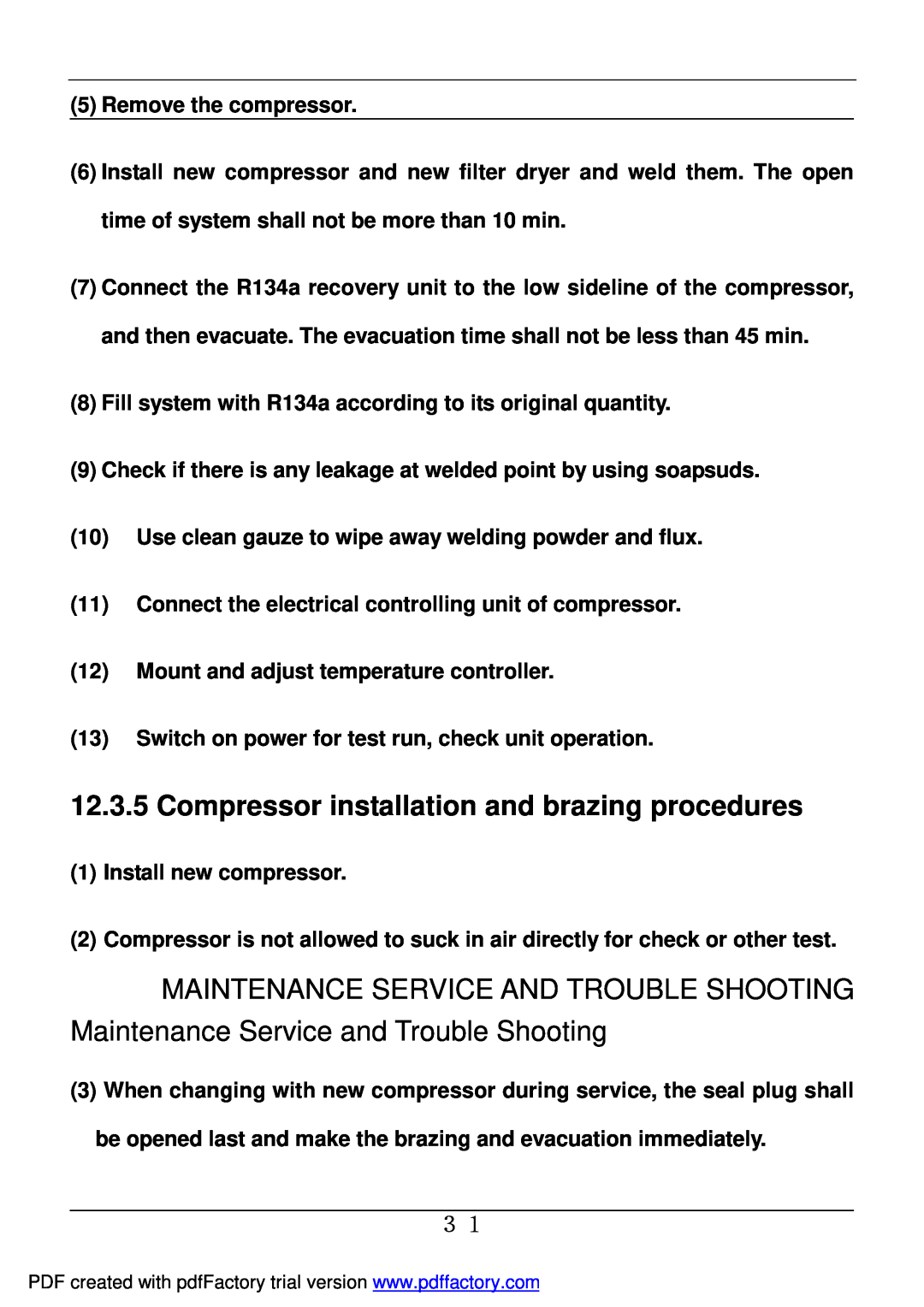 Haier BD-478A service manual Compressor installation and brazing procedures 