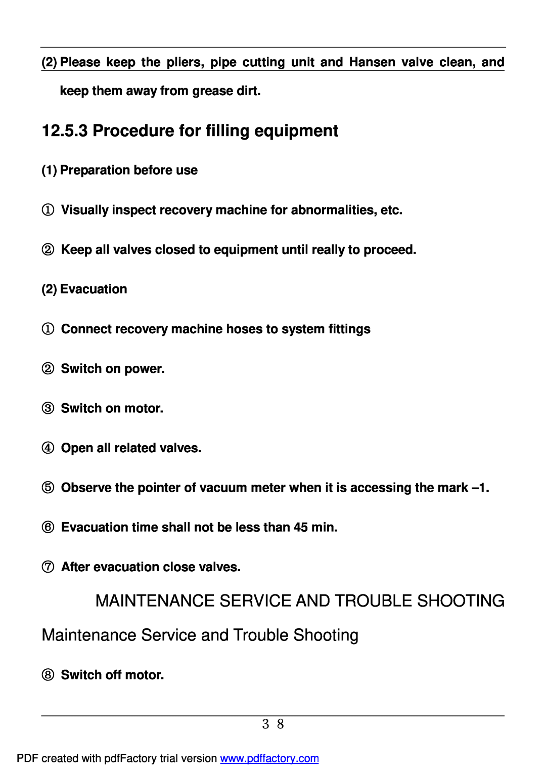 Haier BD-478A service manual Procedure for filling equipment, Maintenance Service And Trouble Shooting 