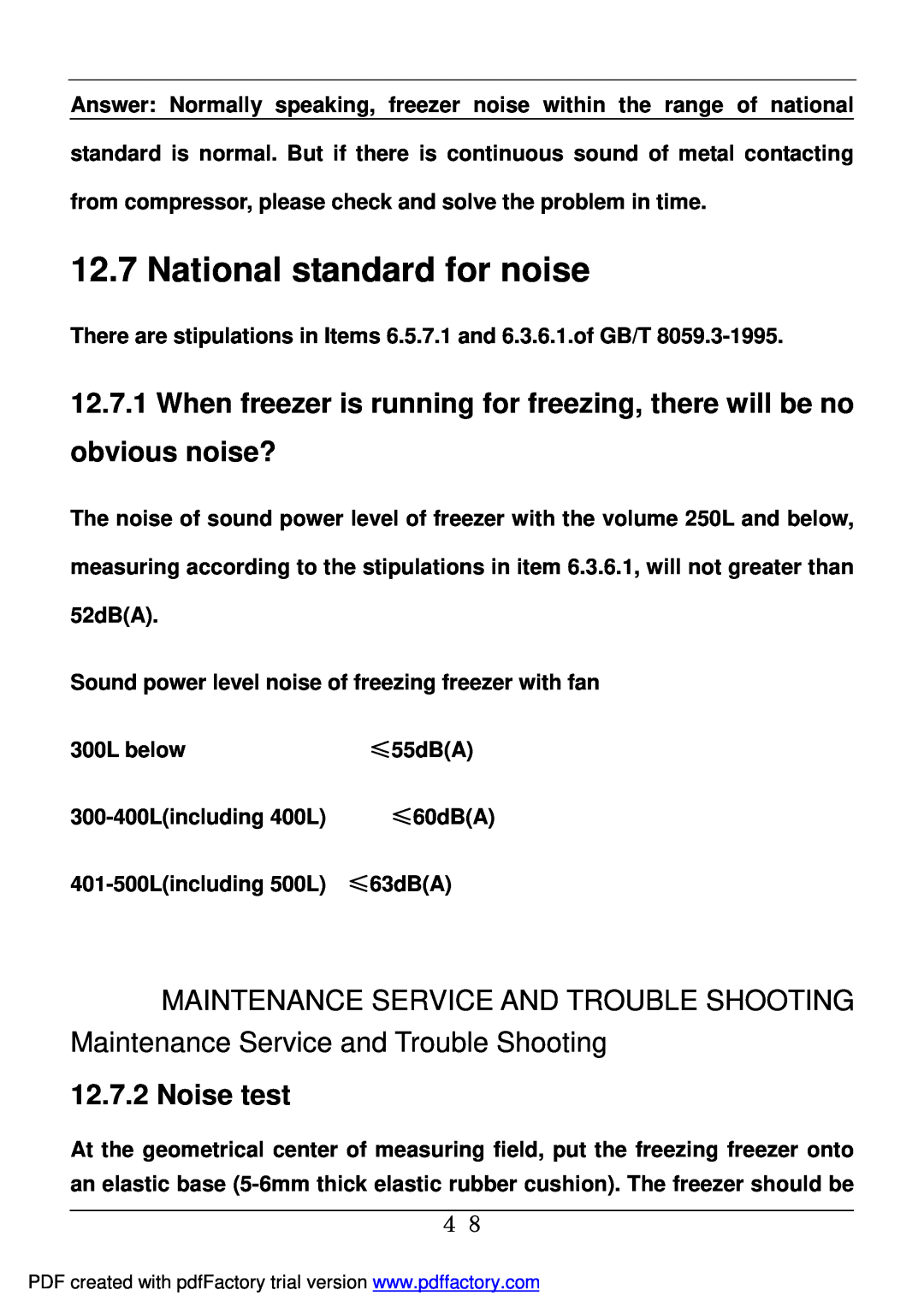 Haier BD-478A service manual National standard for noise, Noise test 