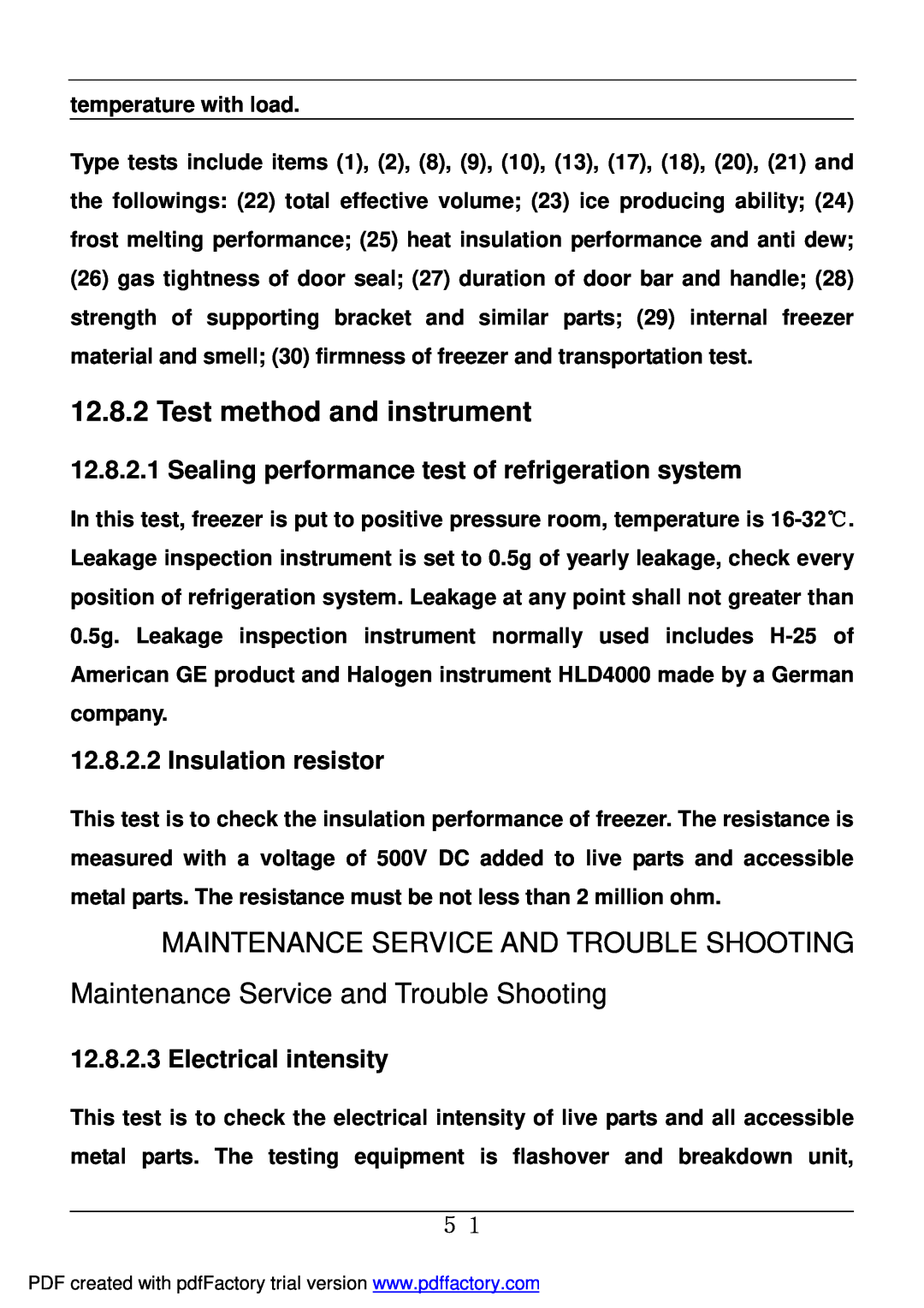 Haier BD-478A service manual Test method and instrument, Maintenance Service And Trouble Shooting, Insulation resistor 