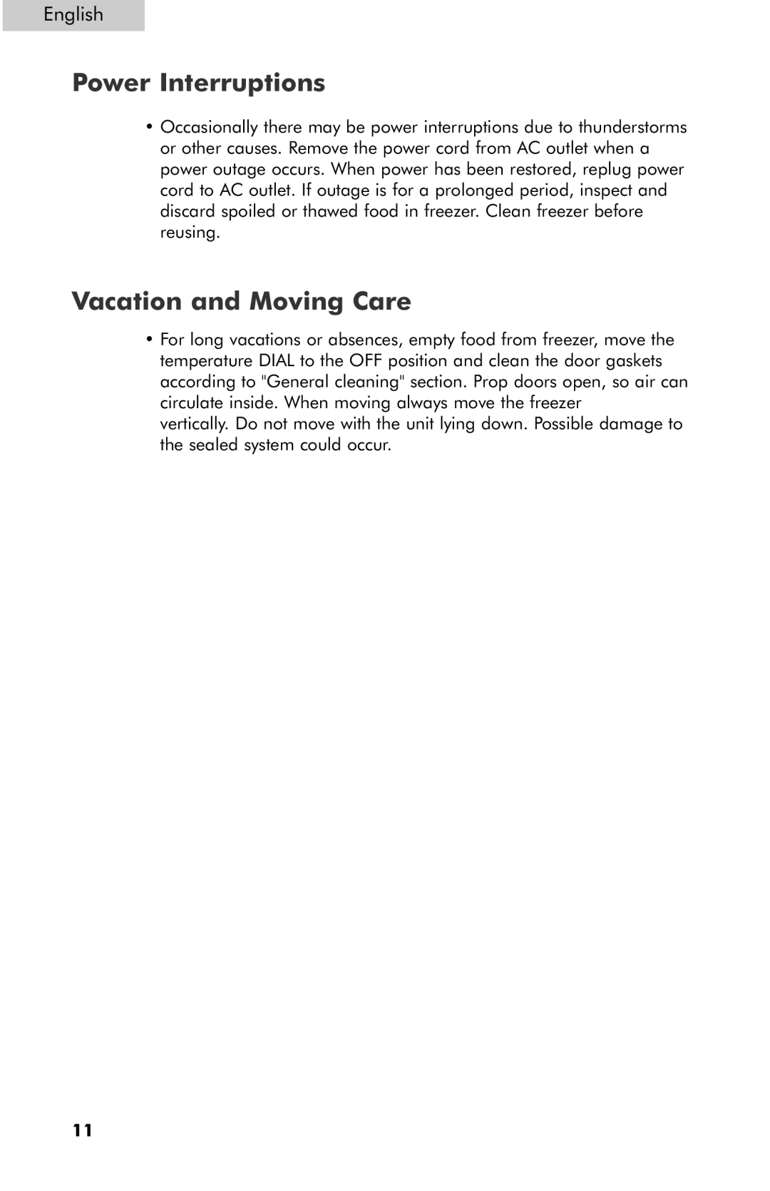 Haier HF18CM10NW, c series freezer, HF13CM10NW, HF15CM10NW, HF15CM15NW Power Interruptions, Vacation and Moving Care 