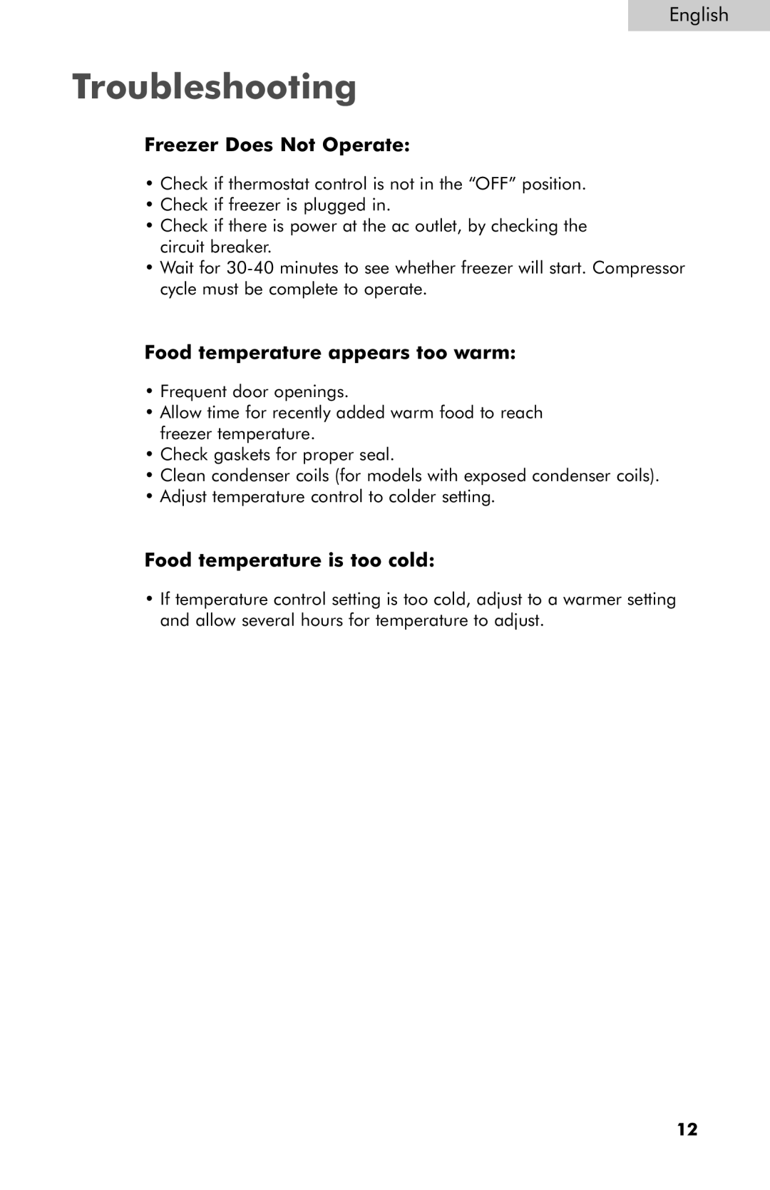 Haier HF15CM15NW, c series freezer, HF13CM10NW Troubleshooting, Freezer Does Not Operate, Food temperature appears too warm 