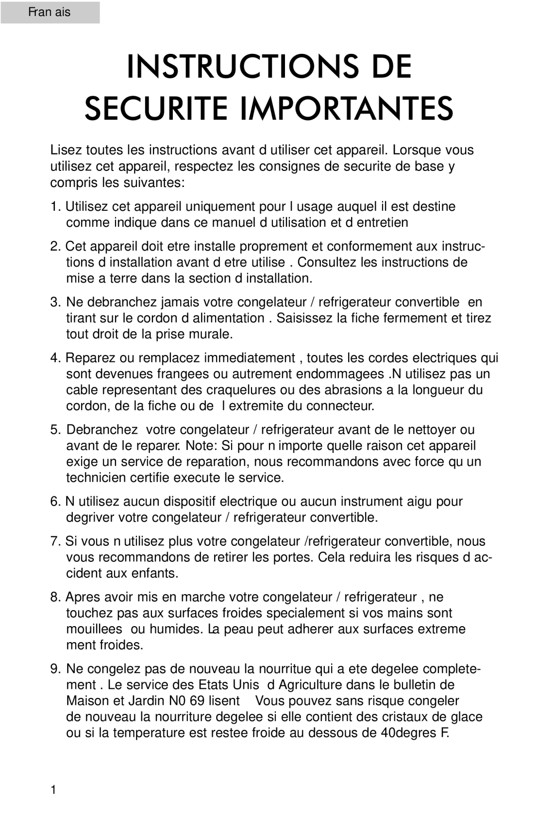 Haier HF09CM10NW, c series freezer, HF13CM10NW, HF15CM10NW, HF18CM10NW Instructions DE Securite Importantes, Français 