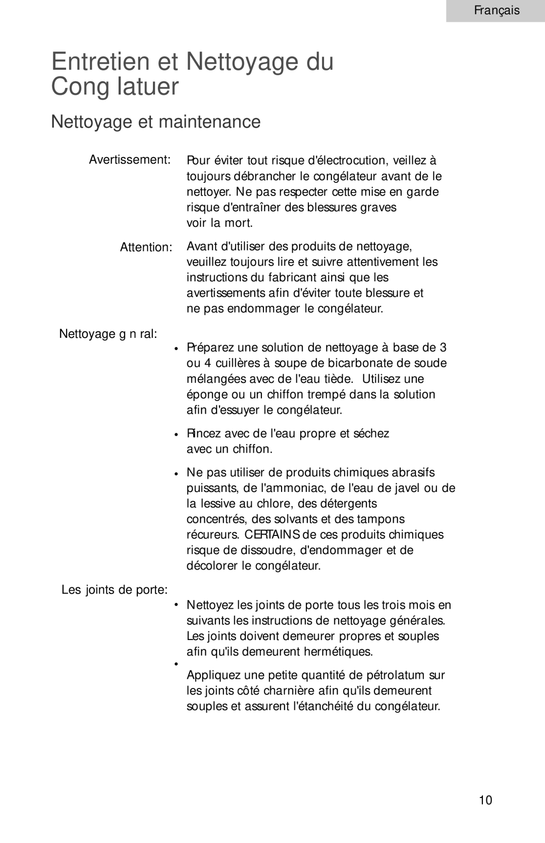 Haier HF09CM10NW Entretien et Nettoyage du Congélatuer, Nettoyage et maintenance, Avertissement Nettoyage général 