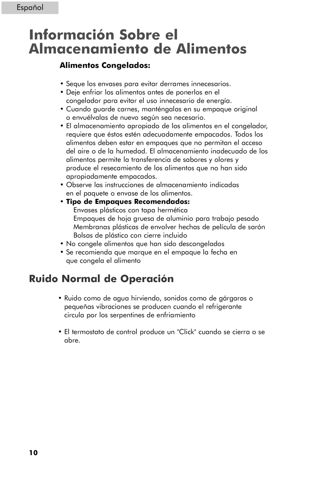 Haier HF15CM10NW Información Sobre el Almacenamiento de Alimentos, Ruido Normal de Operación, Alimentos Congelados 