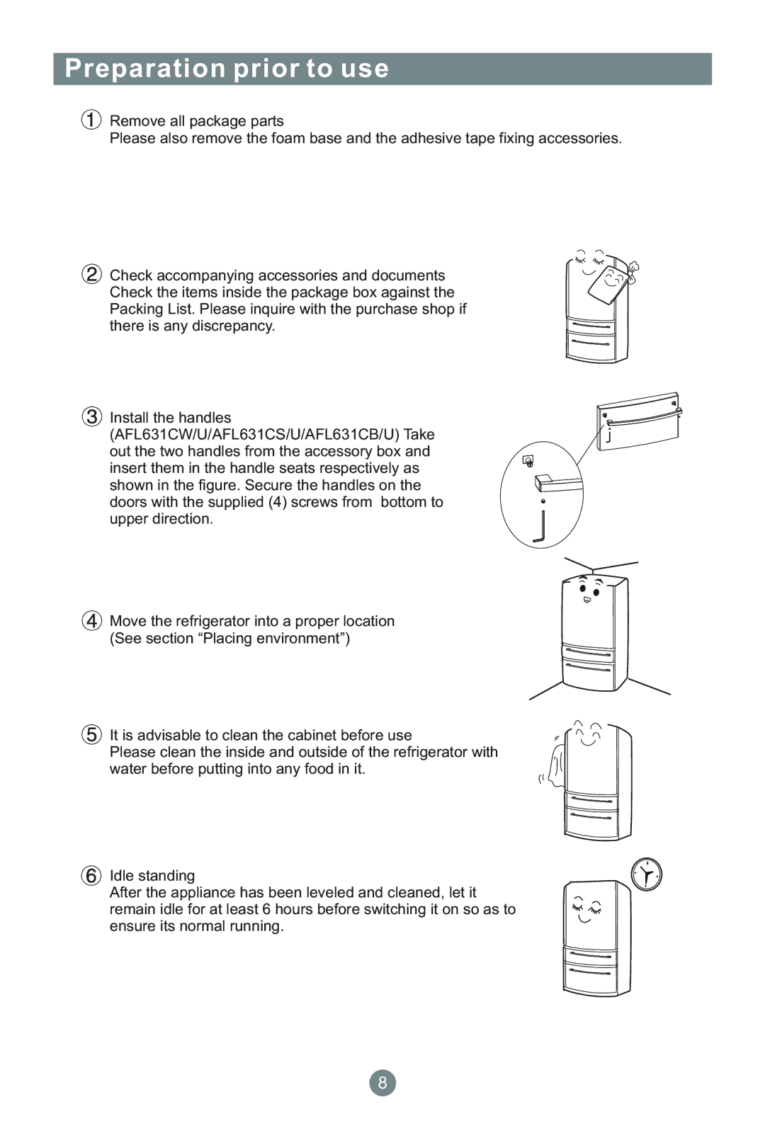 Haier CFE633CB/U, CFE633CS/U, CFE633CW/U, AFL631CW/U, AFL631CS/U, AFL631CB/U manual Preparation prior to use 