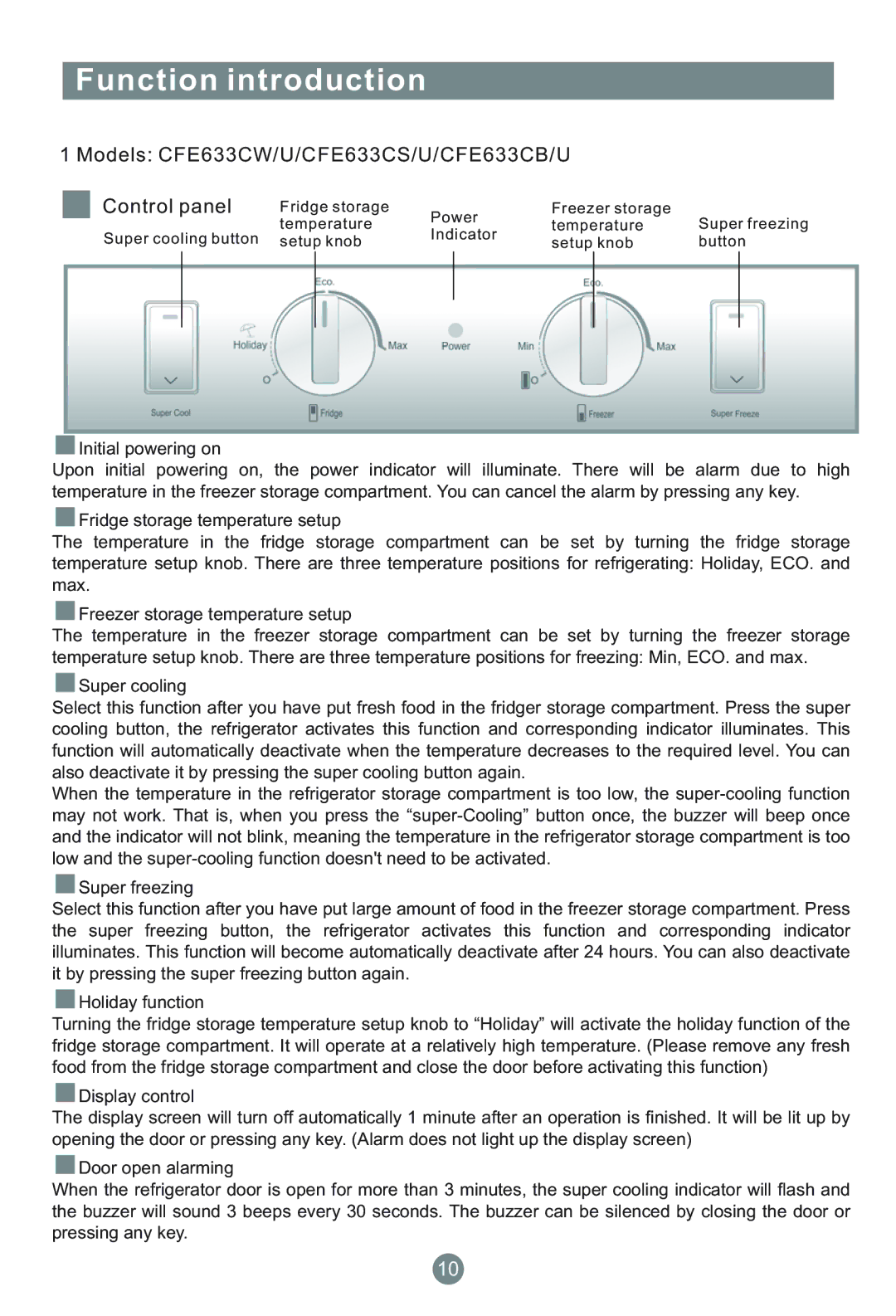 Haier AFL631CW/U, AFL631CS/U, AFL631CB/U Function introduction, Models CFE633CW/U/CFE633CS/U/CFE633CB/U Control panel 