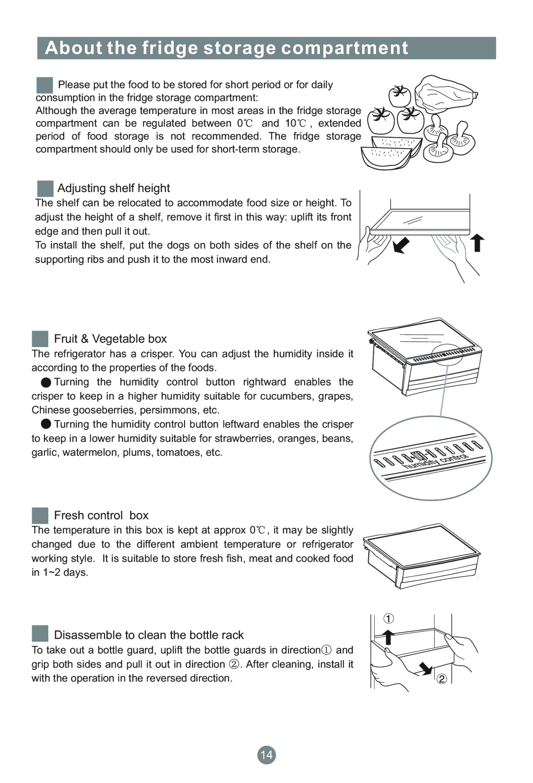 Haier CFE633CB/U About the fridge storage compartment, Adjusting shelf height, Fruit & Vegetable box, Fresh control box 