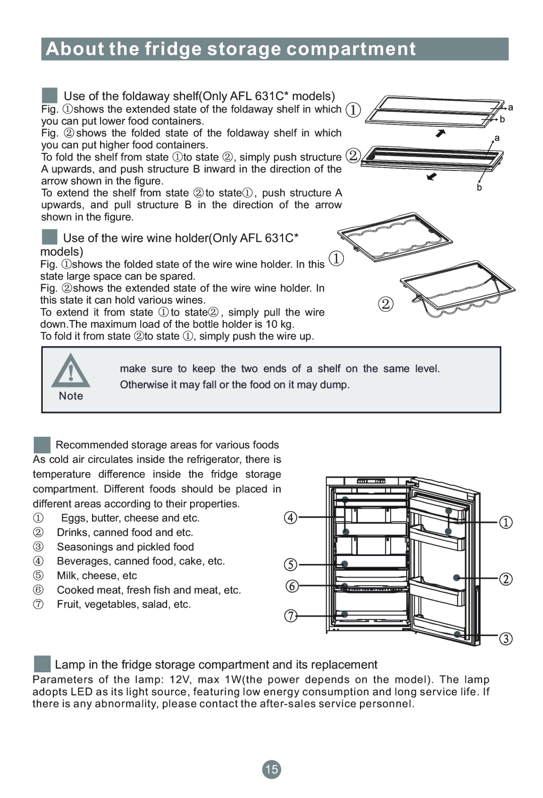 Haier CFE633CS/U manual Use of the foldaway shelfOnly AFL 631C* models, Use of the wire wine holderOnly AFL 631C* models 