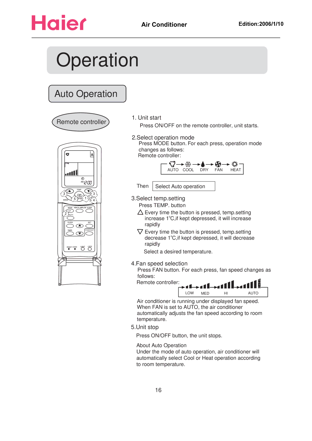 Haier Compact Air Conditioner manual Auto Operation 