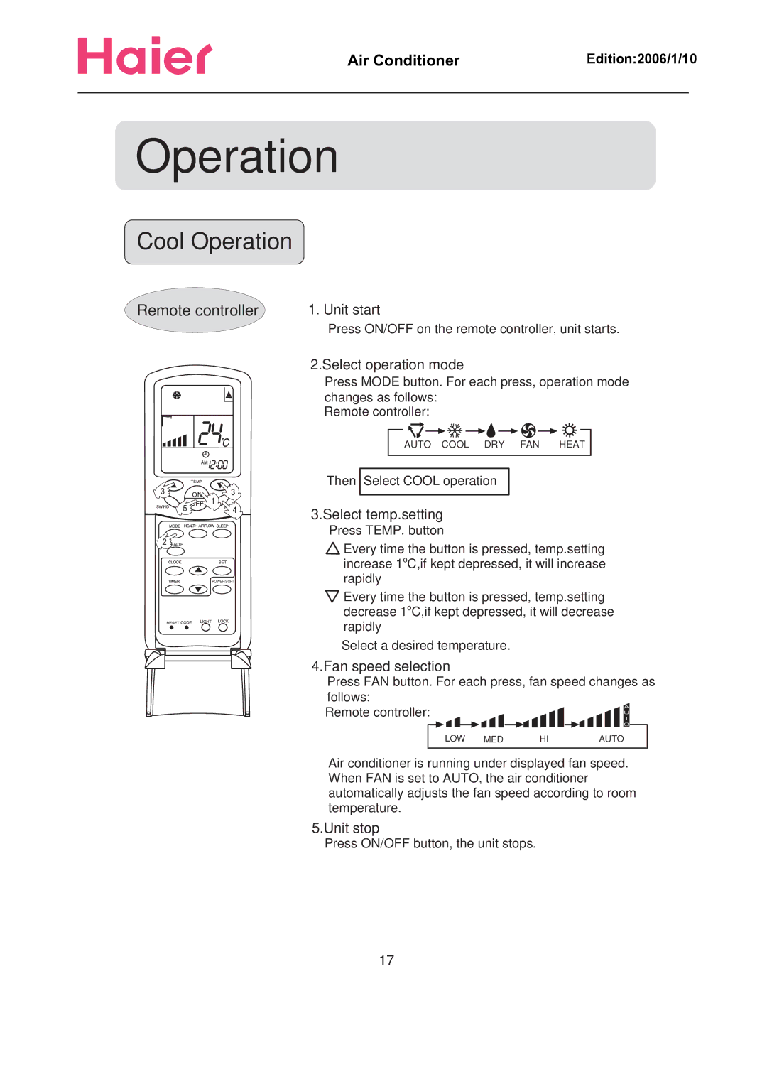 Haier Compact Air Conditioner manual Cool Operation 