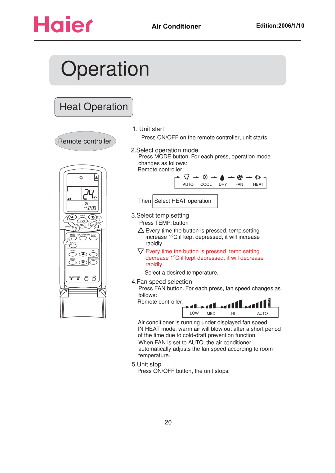 Haier Compact Air Conditioner manual Heat Operation 