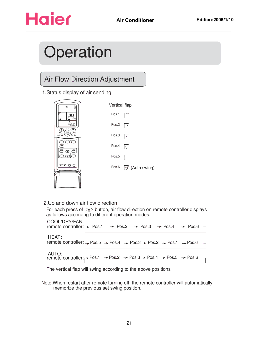 Haier Compact Air Conditioner manual Air Flow Direction Adjustment, Remote Controller 