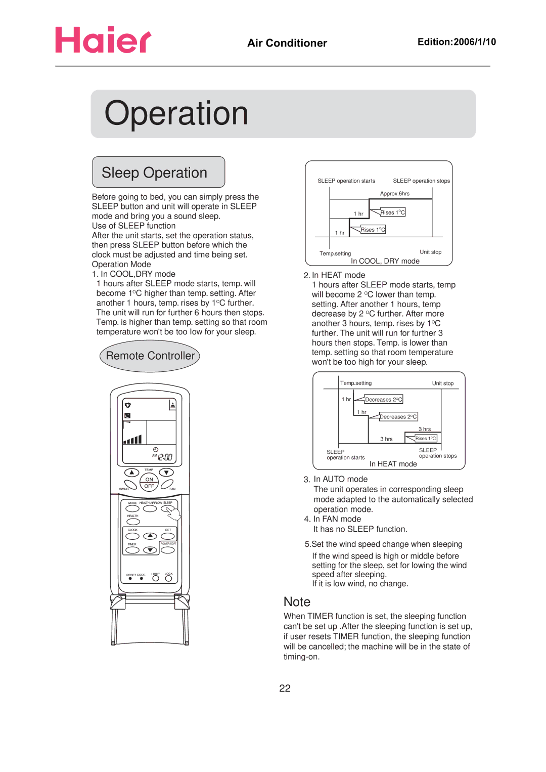 Haier Compact Air Conditioner manual Sleep Operation 